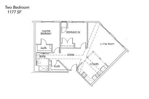 Floor plan for 2 beds, 1 bath, 1157 sqft